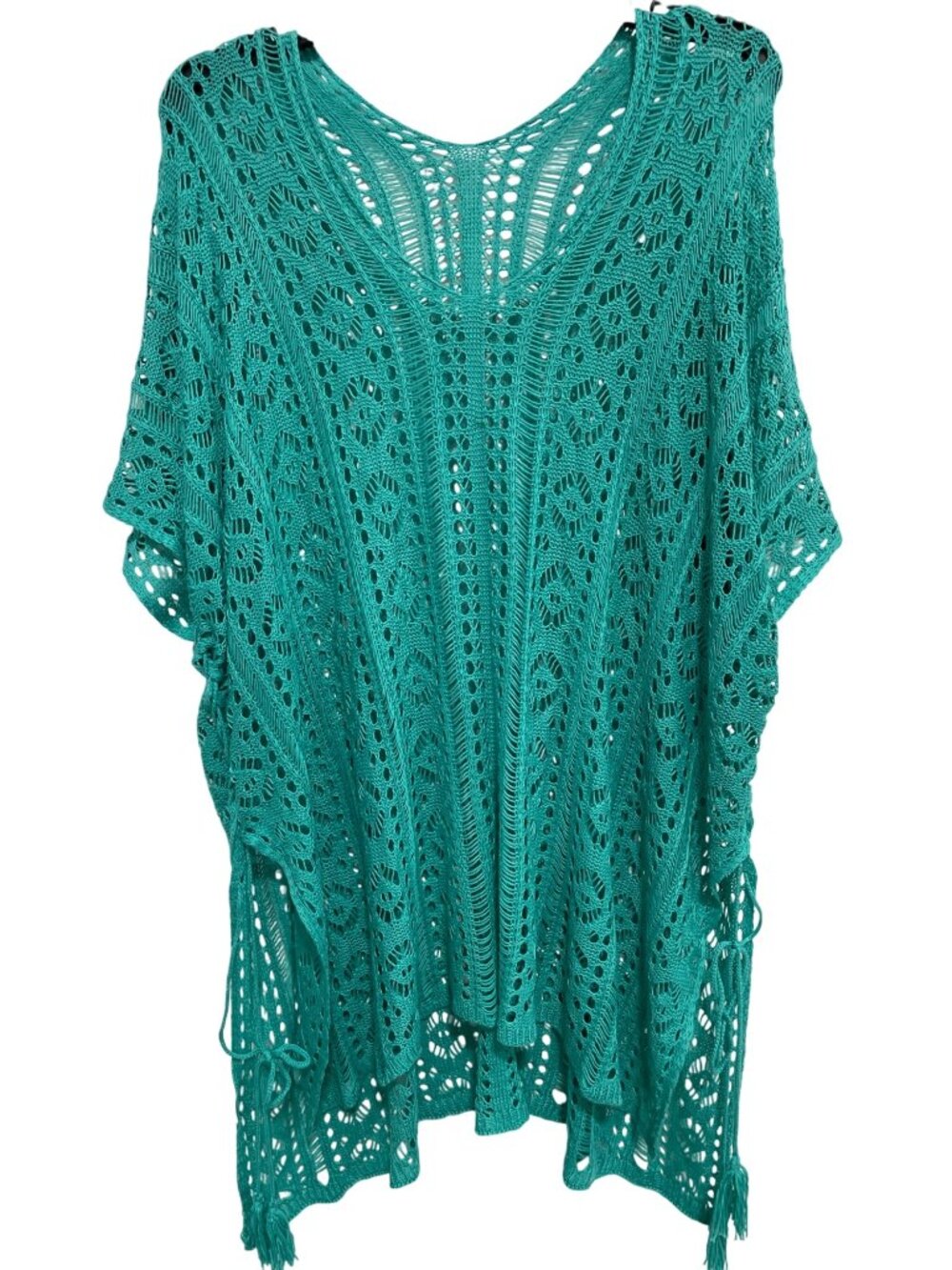 Cover Up Poncho One Size Open Weave Crochet Tassel Tie Turquoise Beach Knit